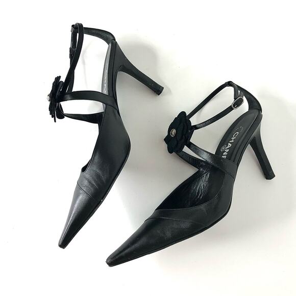 Chanel Retro Vintage CC Logo Camellia Slingback Ankle Strap Pointed Toe Pumps 40 - Picture 8 of 12